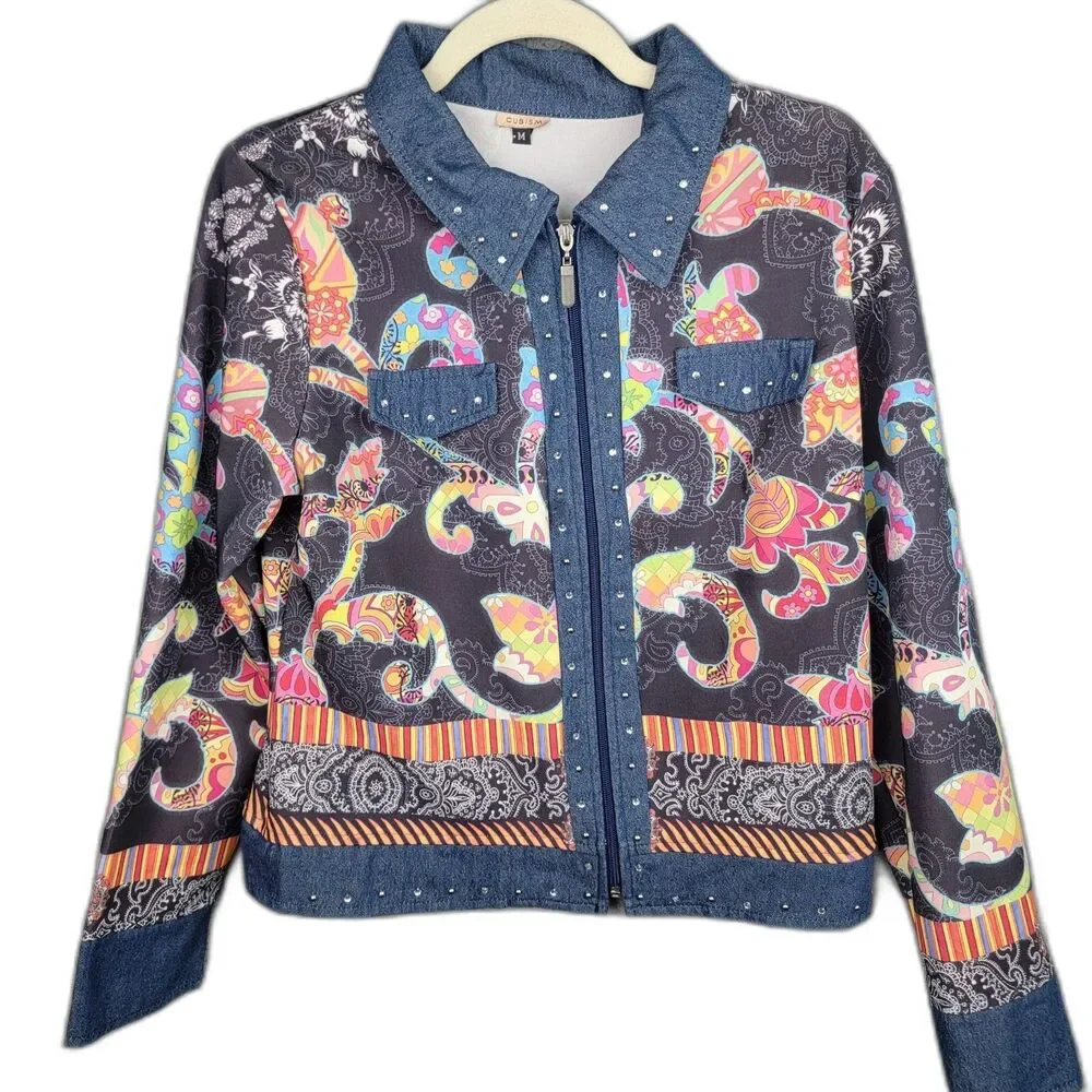 Cubism Full Zip Jacket Navy Multicolor M Rhinestone Art To Wear Vintage 90s
